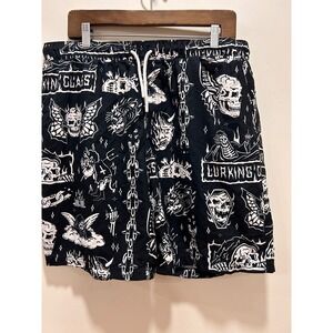 Lurking Class Mens XL Black White Skull Tattoo Swim Trunks Shorts